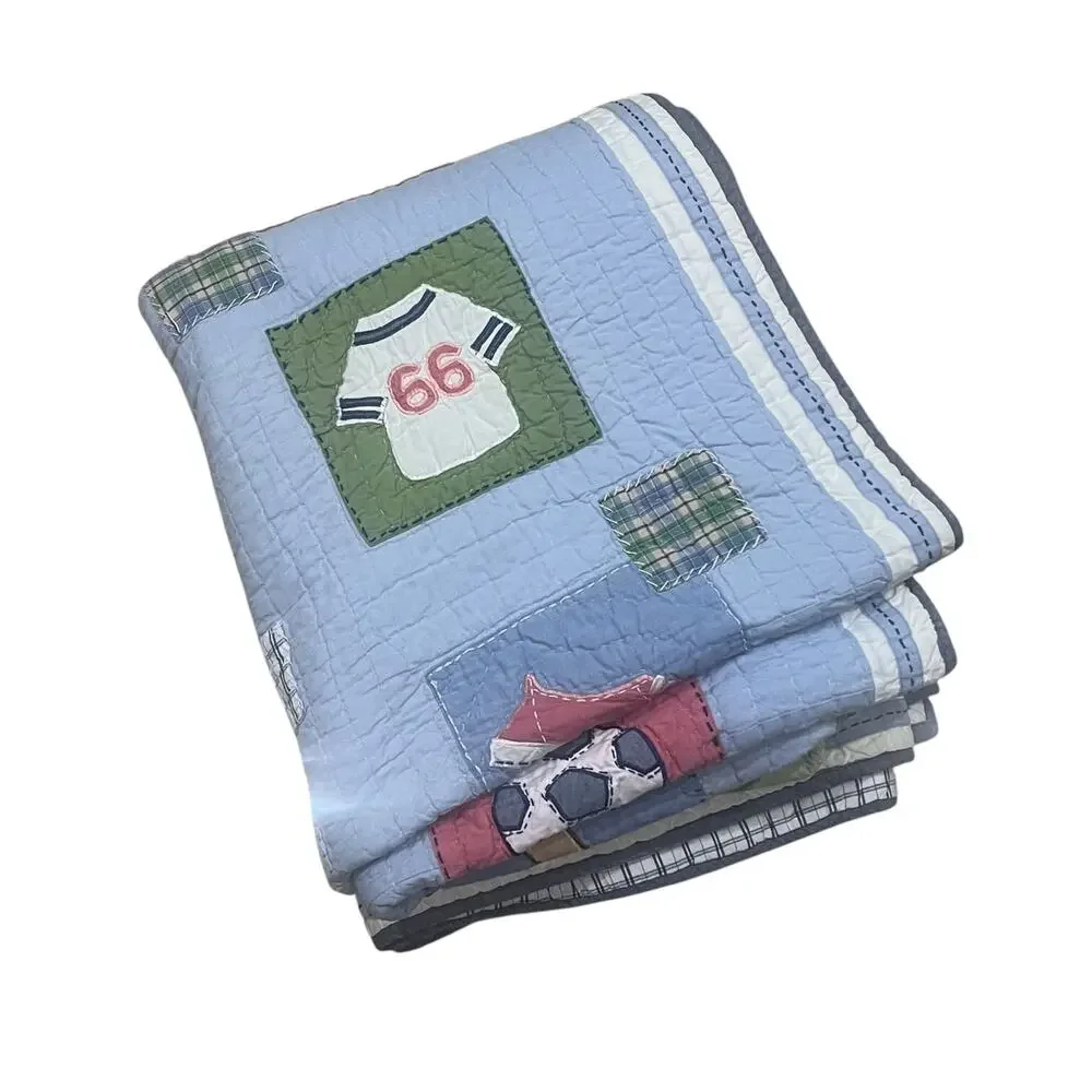Pottery Barn Kids Boys Sports Patchwork Quilt Bed Blanket FLAW Blue Twin 68x86